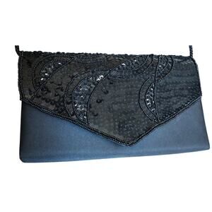 Vintage Y2K Chateau Satin Sequin Black Crossbody Purse Bag Formal Prom Evening